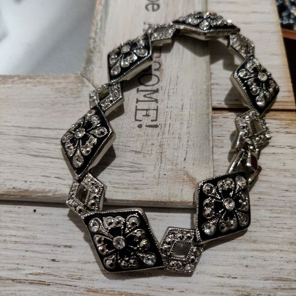 Silver Black Marcasite Rhinestone link bracelet